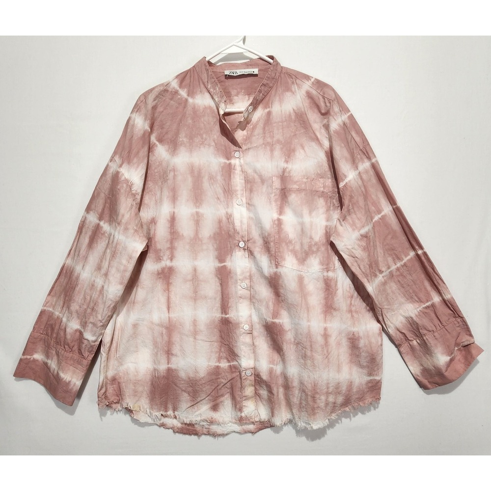 Zara Women's Casual Button-Up Tie-Dye Long Sleeve Shirt Pink Size XL